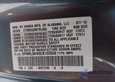 2012 Honda Odyssey Ex from USA, damaged, VIN 5FNRL5H45CB132650